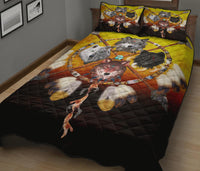 Bed set quilt with wolf portraits and dreamcatcher ring, yellow orange black, plus 2 shams