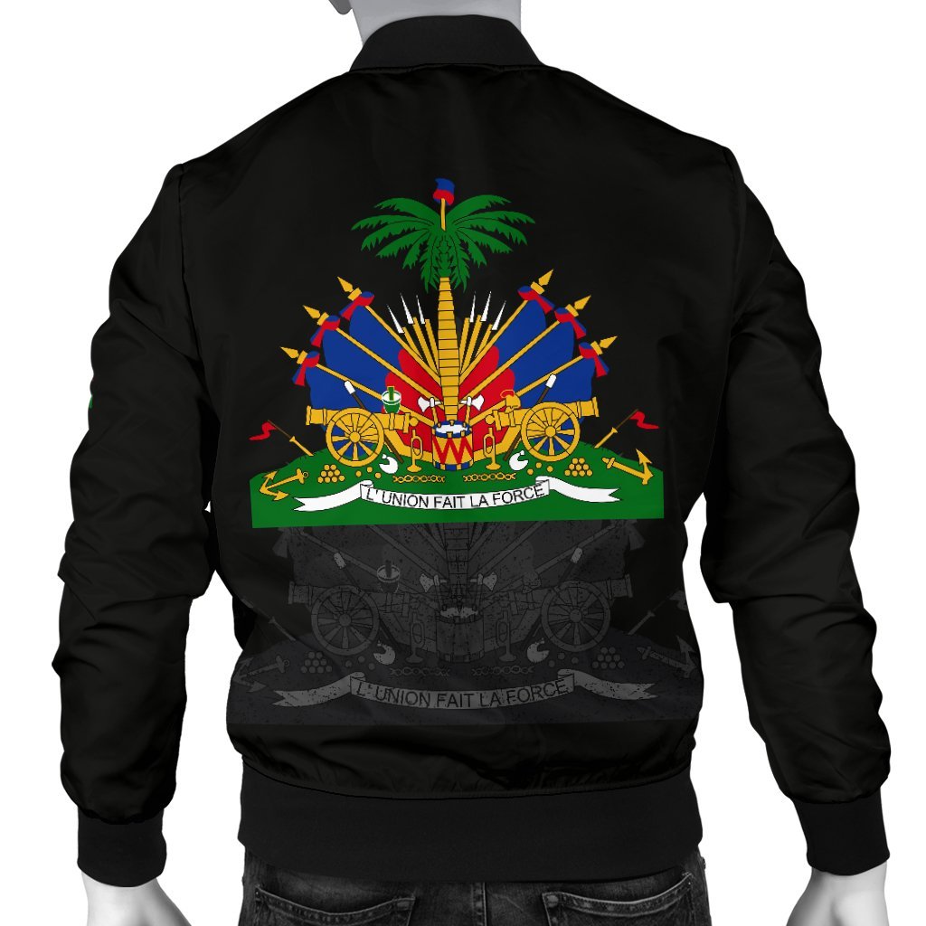 Black bomber jacket back print with Haitian crest and flags; ribbed hem