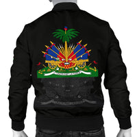 Black bomber jacket back print with Haitian crest and flags; ribbed hem