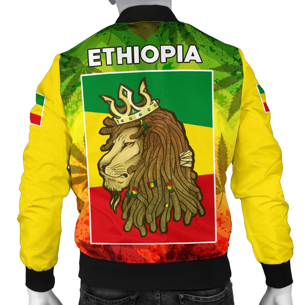 Back of yellow/green/red bomber jacket with ETHIOPIA text and lion graphic, zip
