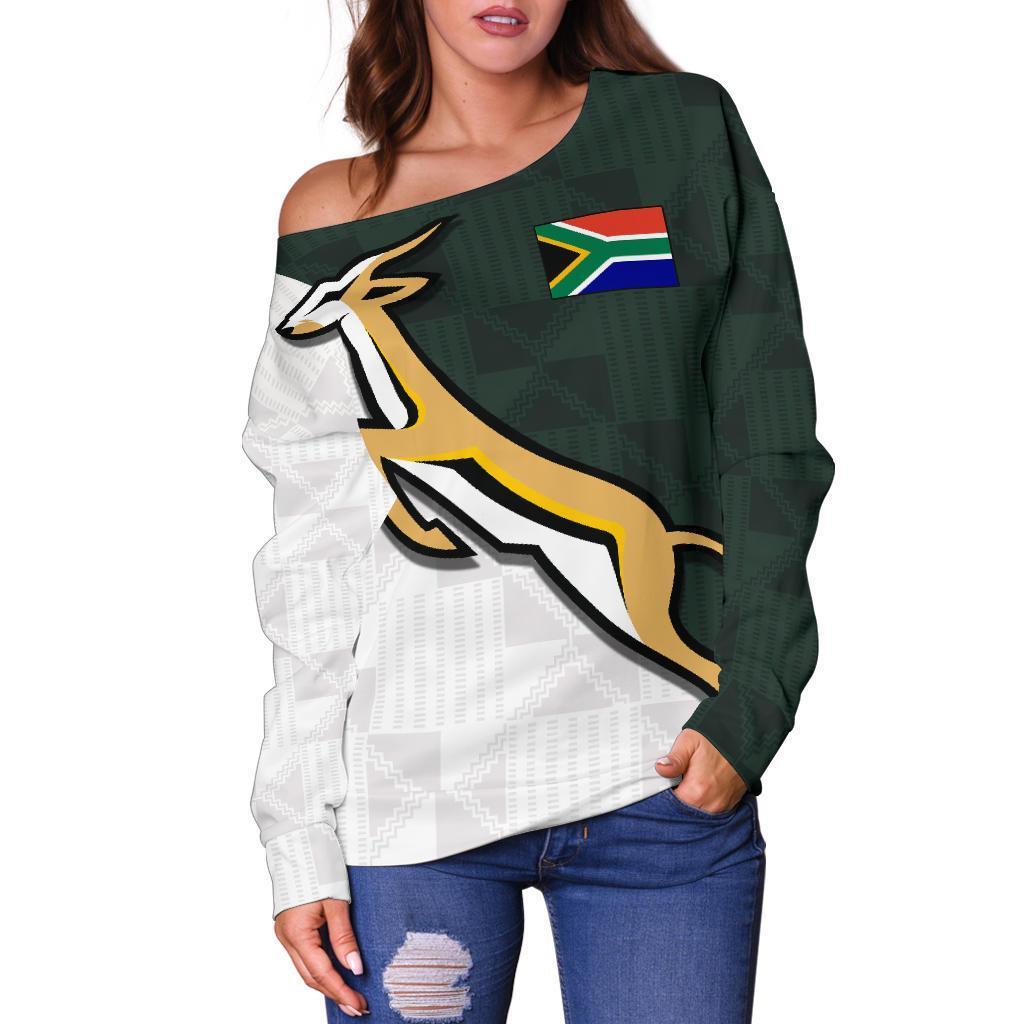 Women’s off-shoulder sweater, green and white, large Springbok emblem with South Africa flag