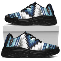 Chunky sneakers with blue, white, and gray zigzag tribal print; black outsole