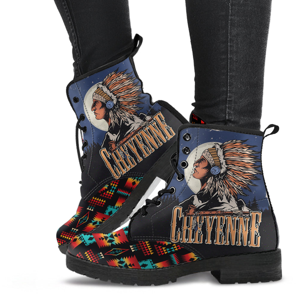 Chief leather boot side view: eagle head artwork with colorful patterned toe panel