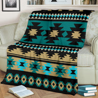 Teal, tan, and black Aztec blanket with zigzag triangles and diamond border
