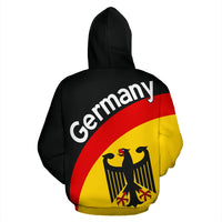 Black pullover hoodie back with Germany flag eagle and curved 'Germany' print