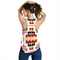 White racerback tank back view with multicolor geometric Native-inspired print