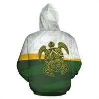 Green hoodie back graphic: golden turtle over Cook Islands flag stripes