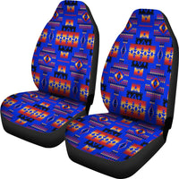 Pair of car seat covers with multicolor neon tribal pattern on blue fabric