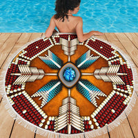 Native mandala beach blanket in blue, brown and red with white beaded pattern and fringe