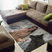 Area rug laid on living room floor, woman's face with wolf in cloudy blues