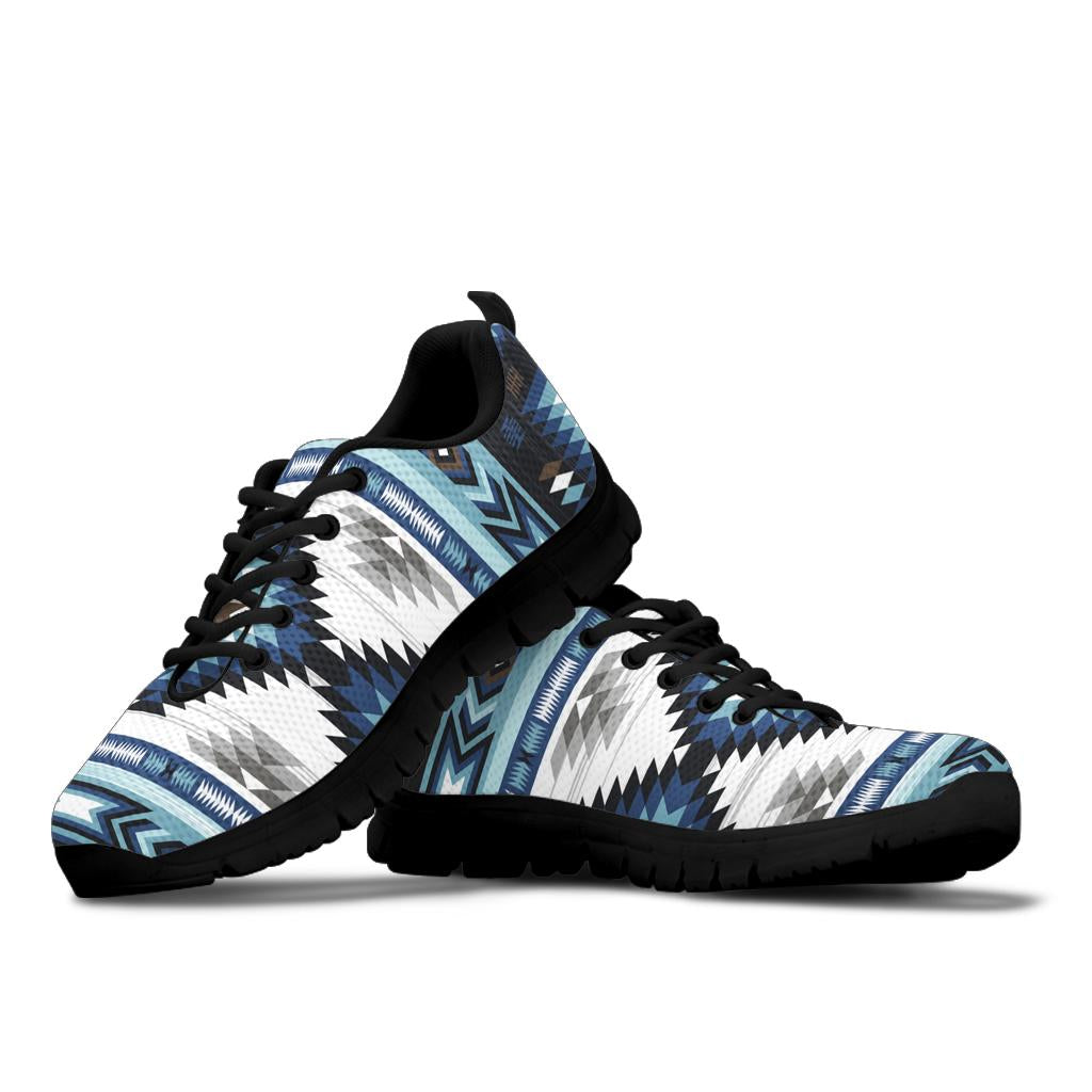 Geometric blue and white sneakers with black side panels, black laces, and thick tread sole
