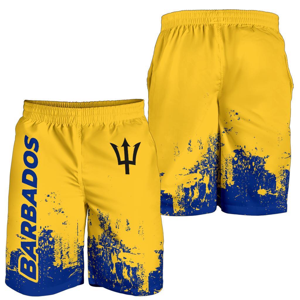 Men’s Barbados shorts, front/back: elastic waist, yellow with blue splatter and trident print