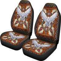 Pair of car seat covers with owl mandala center, multicolor beadwork style, white owl
