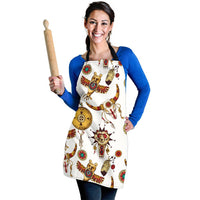 Multicolor apron with owl and bison illustrations; chest front and waist ties