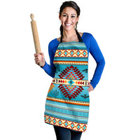 Blue Thunderbird apron, multicolor Native American style print, front tied straps.