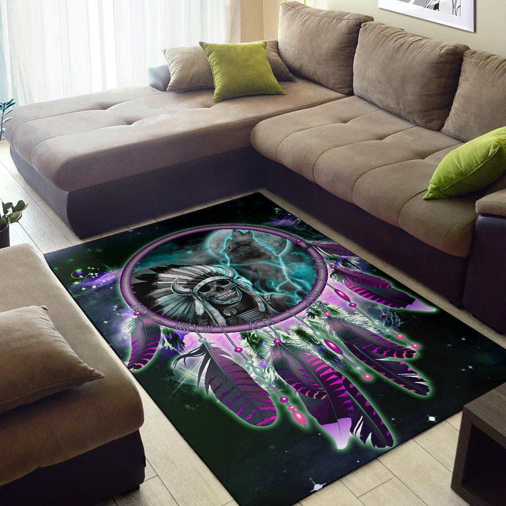 Skull dreamcatcher area rug in dark space design, teal skull, neon feathers, purple beads