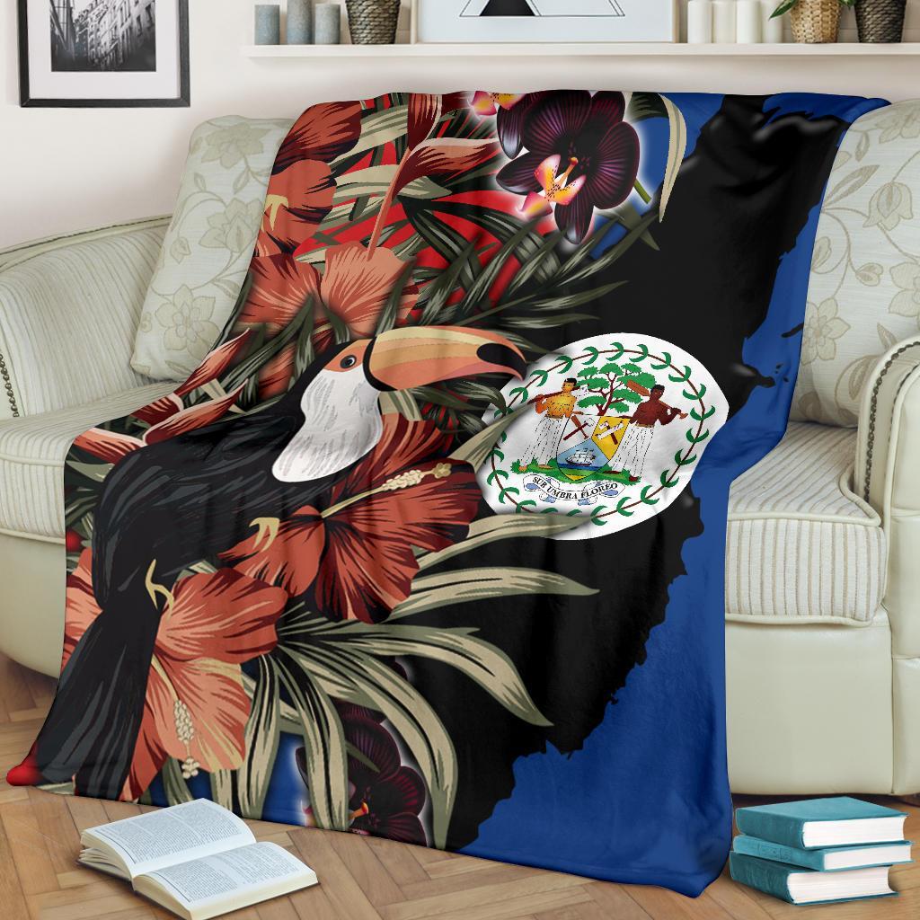 Belize Premium Blanket with toucan and tropical florals, Belize coat of arms in oval, blue border