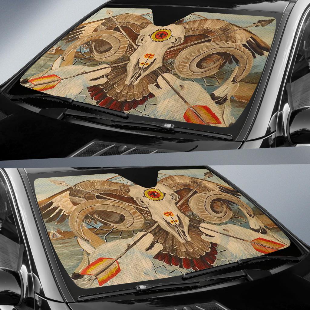 Owl and bison print car windshield sun shade, multicolor with black trim