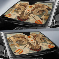 Owl and bison print car windshield sun shade, multicolor with black trim