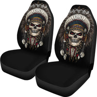 Set of two car seat covers featuring Native chief skull portrait with feather headdress