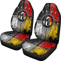 Two car seat covers with tribal chief horse graphic, red/yellow/black patterned design