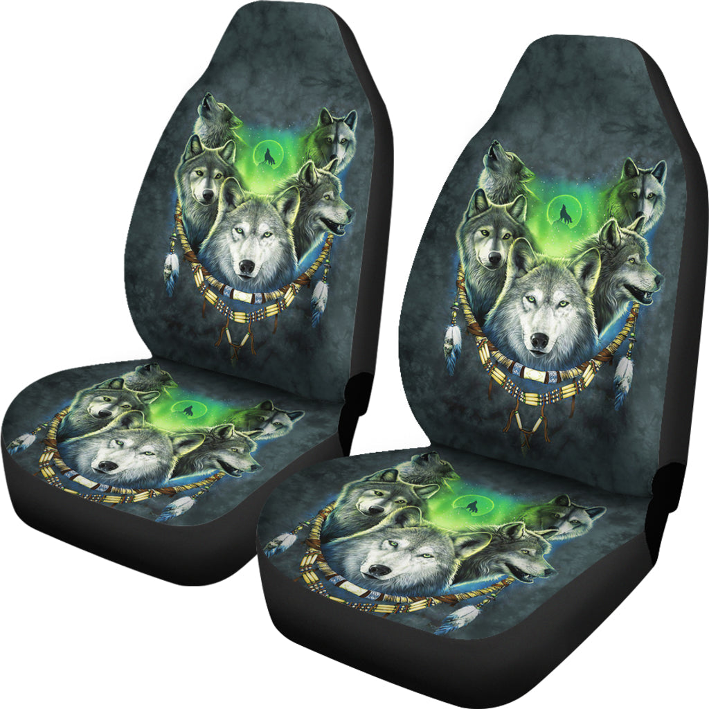 Front seat covers set: dark teal with green glow wolf pack and crescent moon graphic