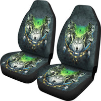 Front seat covers set: dark teal with green glow wolf pack and crescent moon graphic