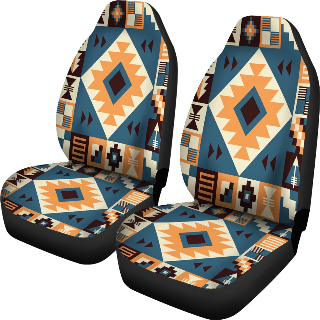 Pair of navy arrow pattern seat covers with multicolor geometric design and black edging