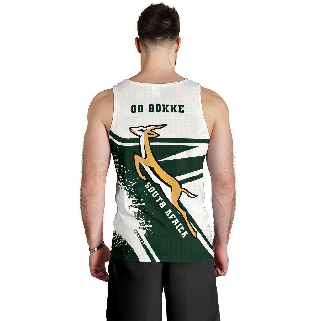 Springboks tank top back, white with GO BOKKE lettering and green stripes