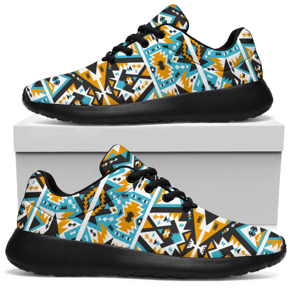 Multicolor geometric patterned lace-up sneakers with black rubber sole, low profile