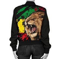 Black bomber jacket back view with roaring lion face print in Ethiopian flag colors