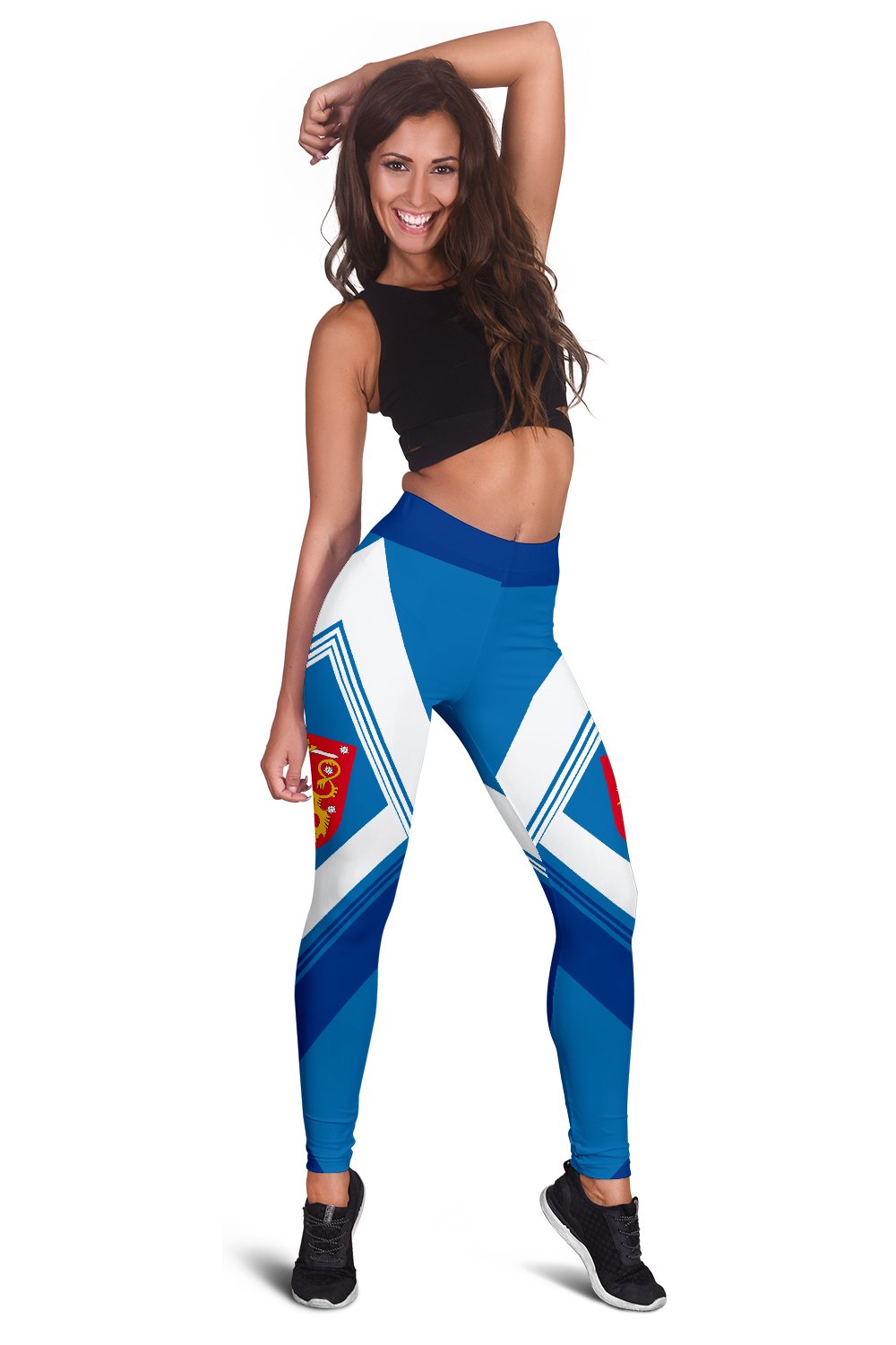 Blue leggings with white chevrons and red-and-gold shield crest on side