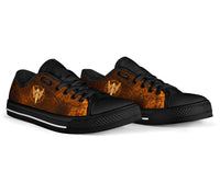 Viking low-top sneakers, black sides and orange-brown print with gold spear and rune lines