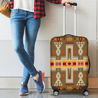 Light brown suitcase cover with multicolor geometric print over wheels and handle openings