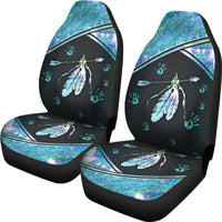 Pair of LT10 car seat covers, front seats with multicolor feather motifs and teal accents