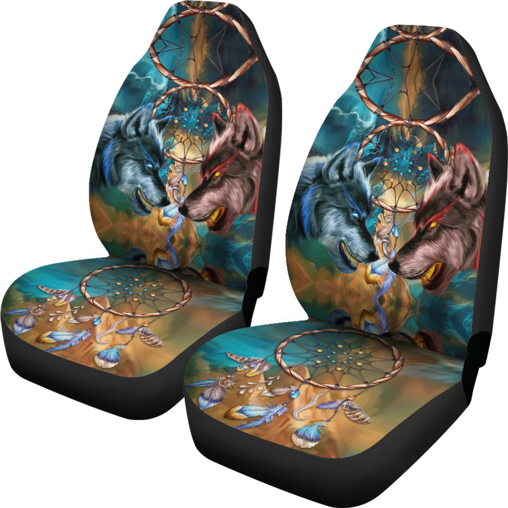 Set of 2 car seat covers with wolf faces and dreamcatcher graphic on multicolor print