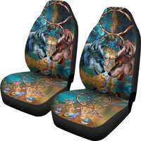 Set of 2 car seat covers with wolf faces and dreamcatcher graphic on multicolor print