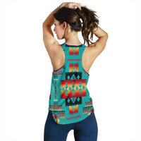 Teal racerback tank back view with multicolor Native American geometric print