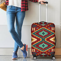 Red/yellow tribal diamond-pattern luggage cover fitted over rolling suitcase