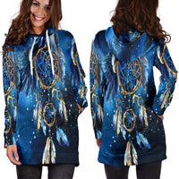 Blue galaxy dreamcatcher hoodie dress, back view with hood and full multicolor print