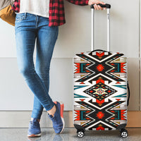 Colorful tribal pattern luggage cover on upright wheeled suitcase, full front view