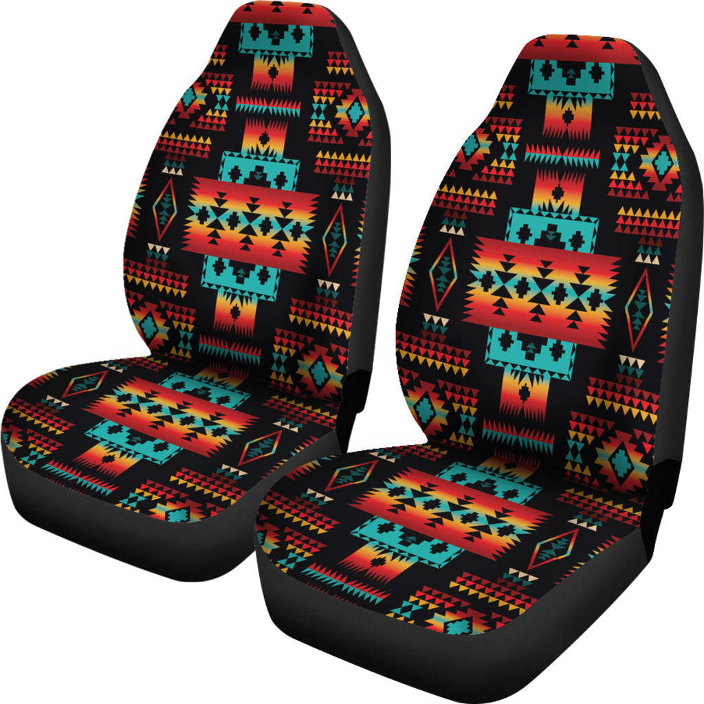 Pair of black car seat covers with multicolor geometric Native pattern