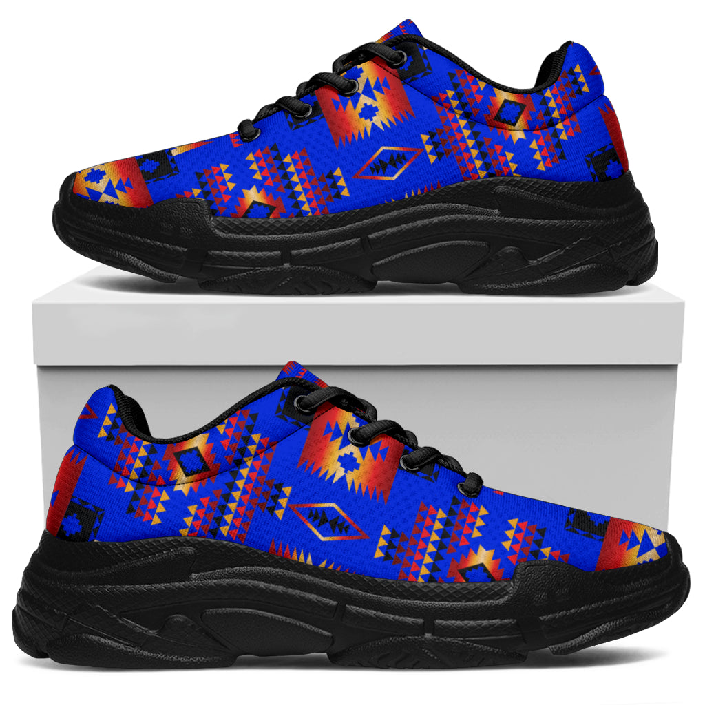 Dark blue chunky sneakers, Native American geometric pattern, thick black sole and laces
