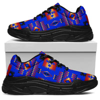 Dark blue chunky sneakers, Native American geometric pattern, thick black sole and laces