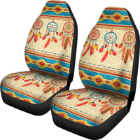 Set of two multicolor dreamcatcher car seat covers with black edges and beige base