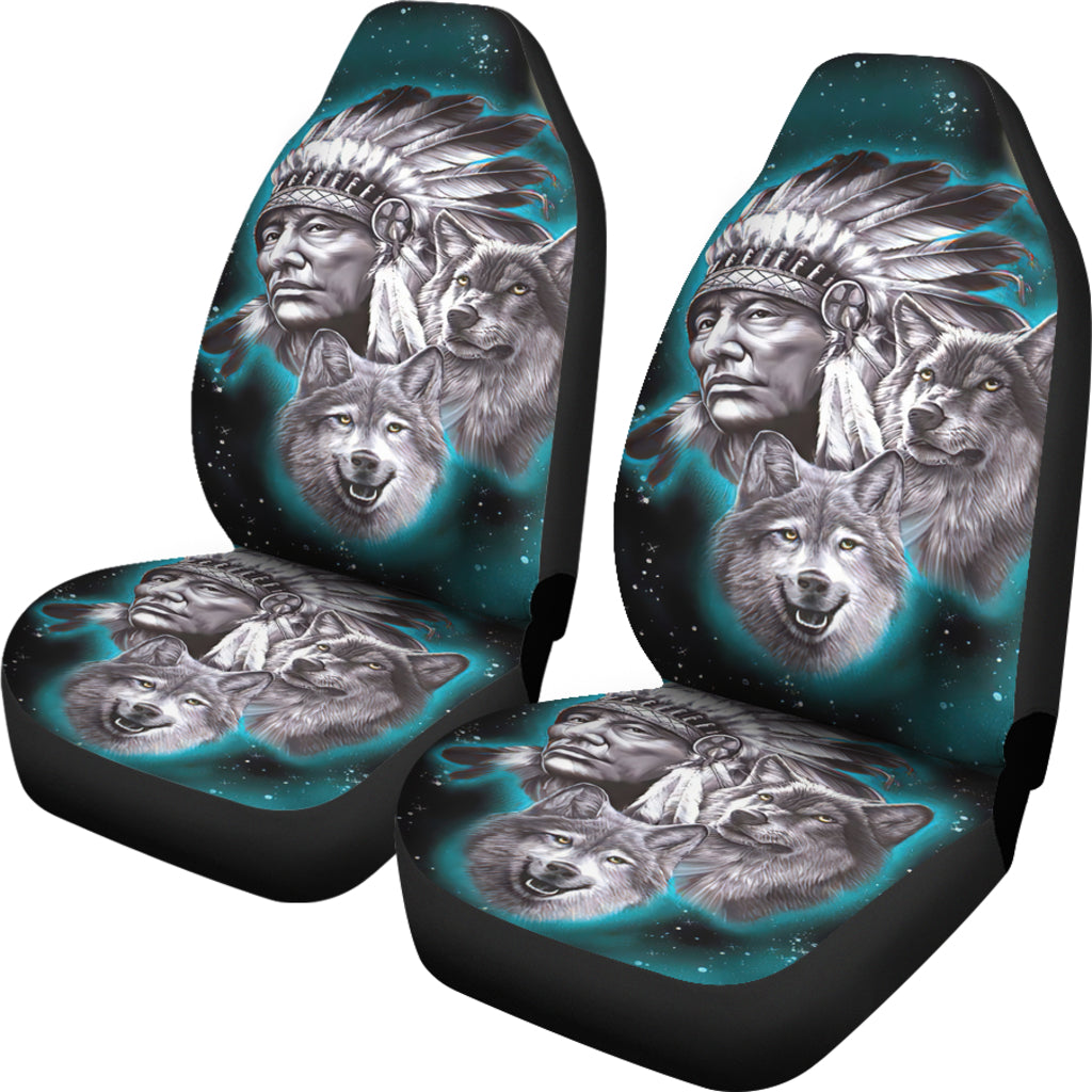 LT10 seat covers set: multicolor chief, wolf faces, and fur pattern on seat and backs