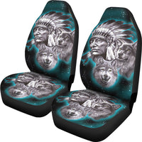 LT10 seat covers set: multicolor chief, wolf faces, and fur pattern on seat and backs