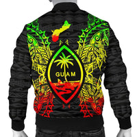 Back view bomber jacket with reggae tribal print and GUAM palm emblem on black