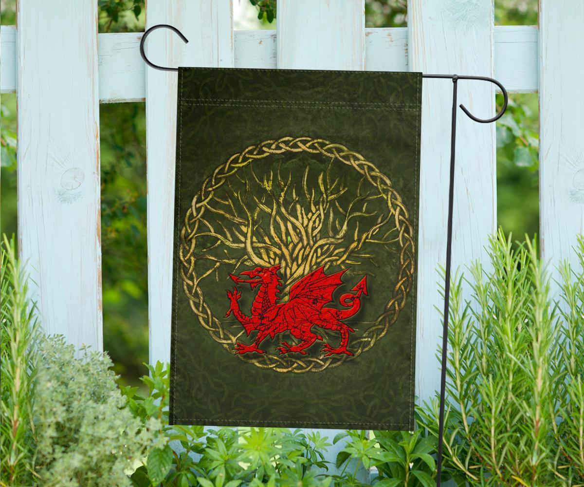 Green Wales house flag with red Welsh dragon, gold Celtic tree circle and hooks