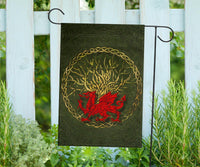 Green Wales house flag with red Welsh dragon, gold Celtic tree circle and hooks